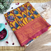 Vriksham Mustered Yellow With Maroon Kalamkari Saree With Kanchi Border-VS4684